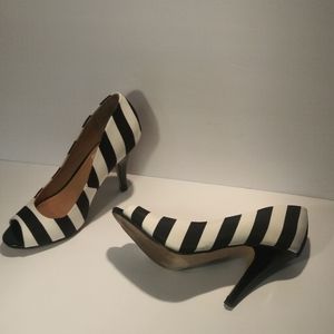 Black and white striped open toed heels